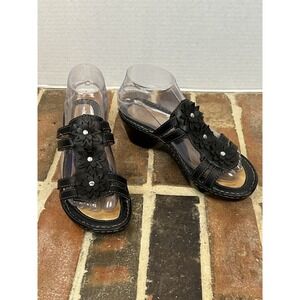 BORN Black Leather Wedge Heels Sandals‎ Flower Slide Open Toe Women's 7